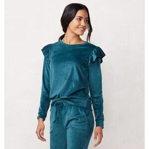 LC Lauren Conrad Teal Blue Velvet Ruffle Long Sleeve Top XS